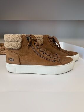 UGG Tan Leather Shearling-Trim High-Top Sneakers